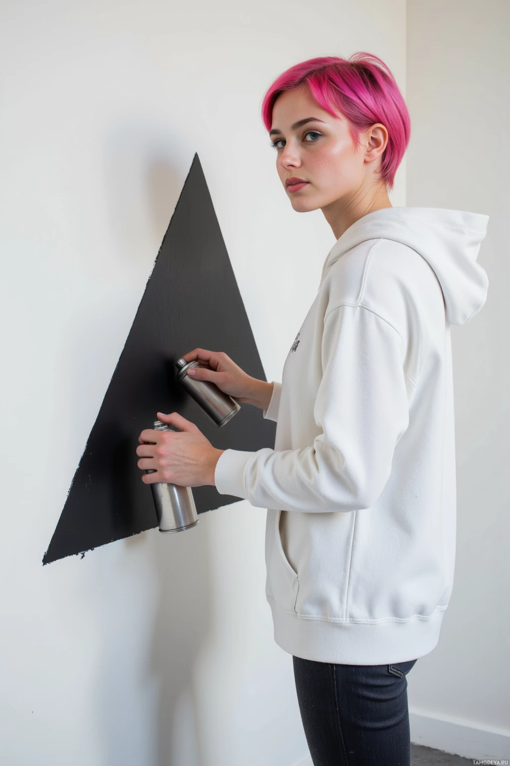 A person with pink hair wearing a white hoodie and jeans holds a spray can near a black triangle on a white wall.