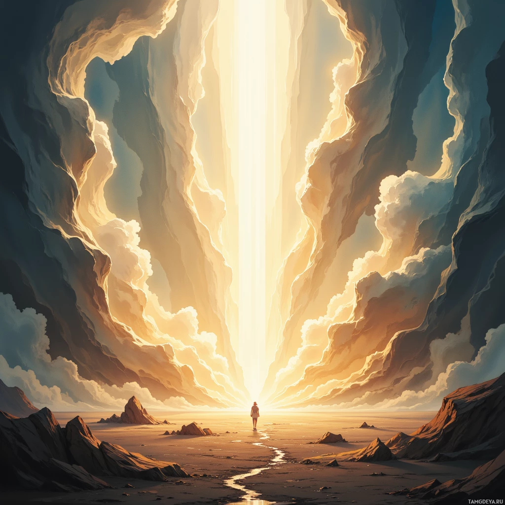 A lone figure walks towards a bright light at the end of a vast, rocky canyon.