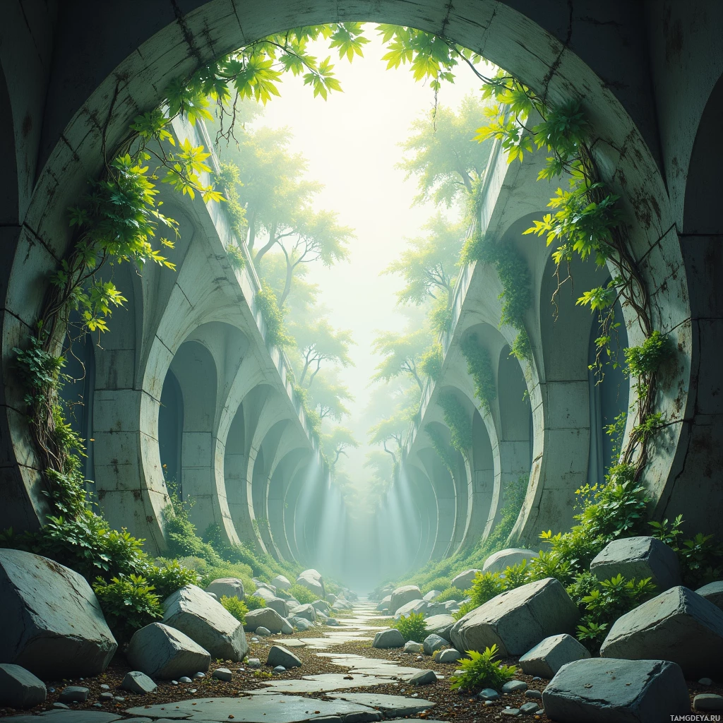 A serene pathway lined with arches and lush greenery leads towards a bright light at the end.