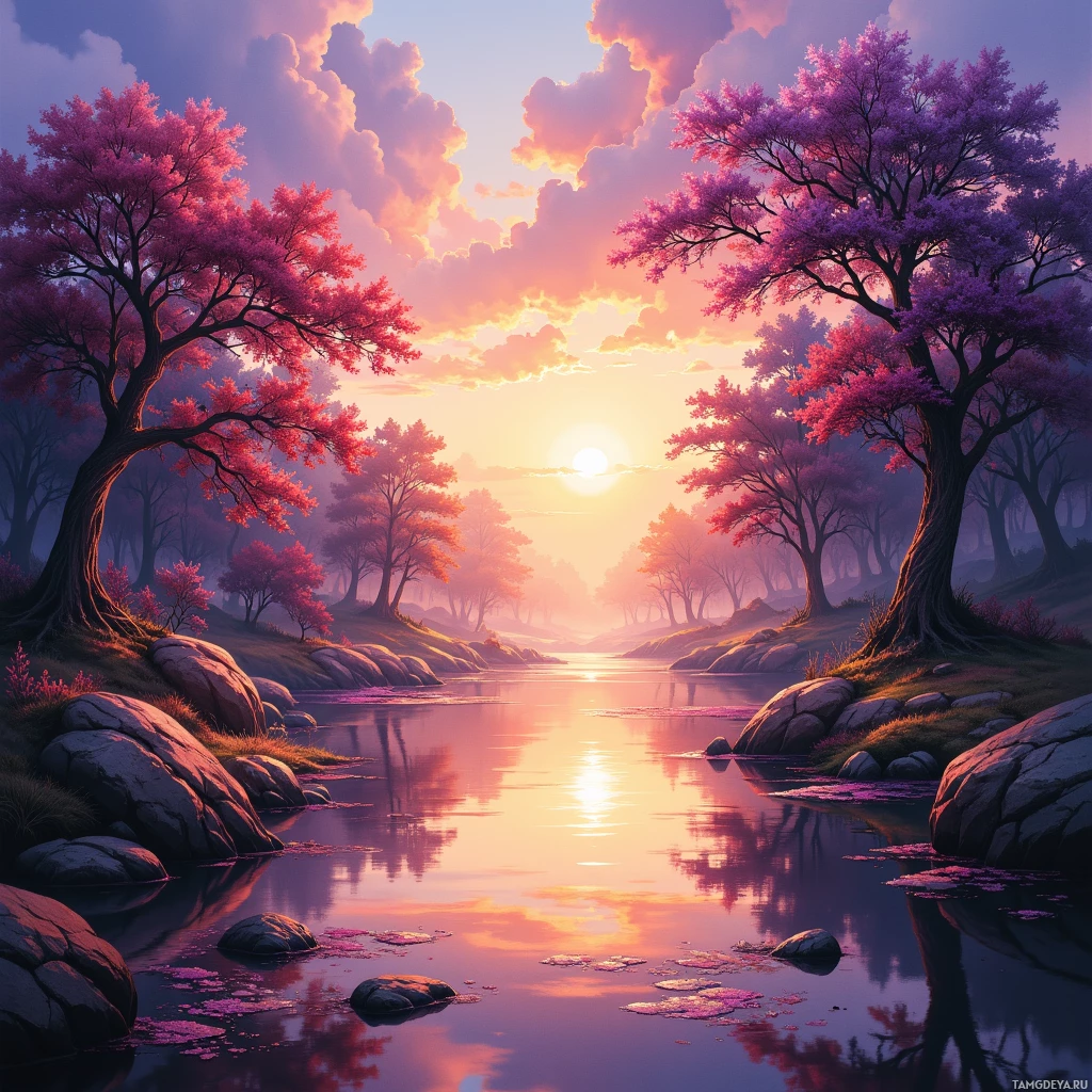 A serene landscape featuring cherry blossom trees reflecting in a calm river under a vibrant sunset sky.