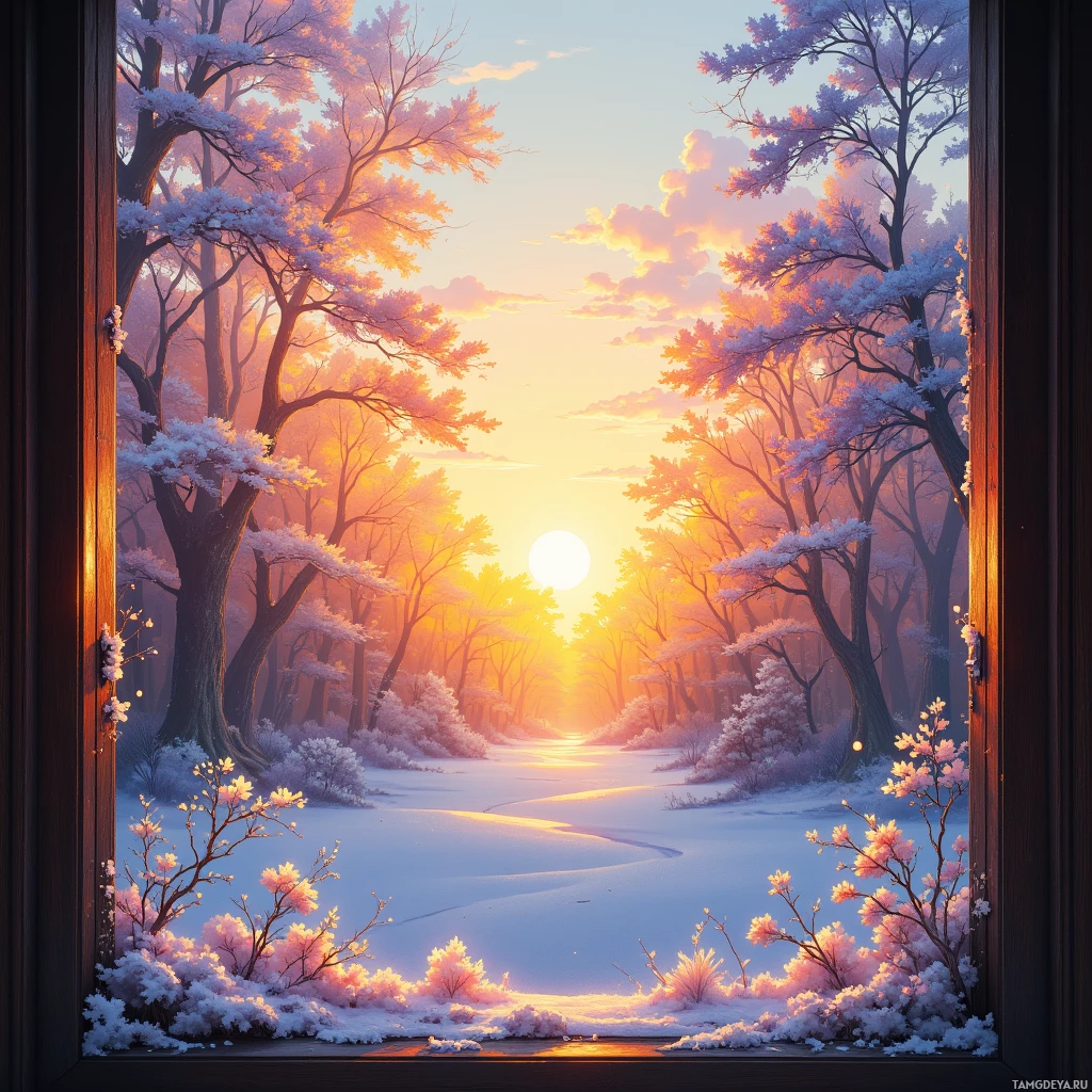 A serene winter landscape viewed through a window, featuring snow-covered trees and a glowing sunset.