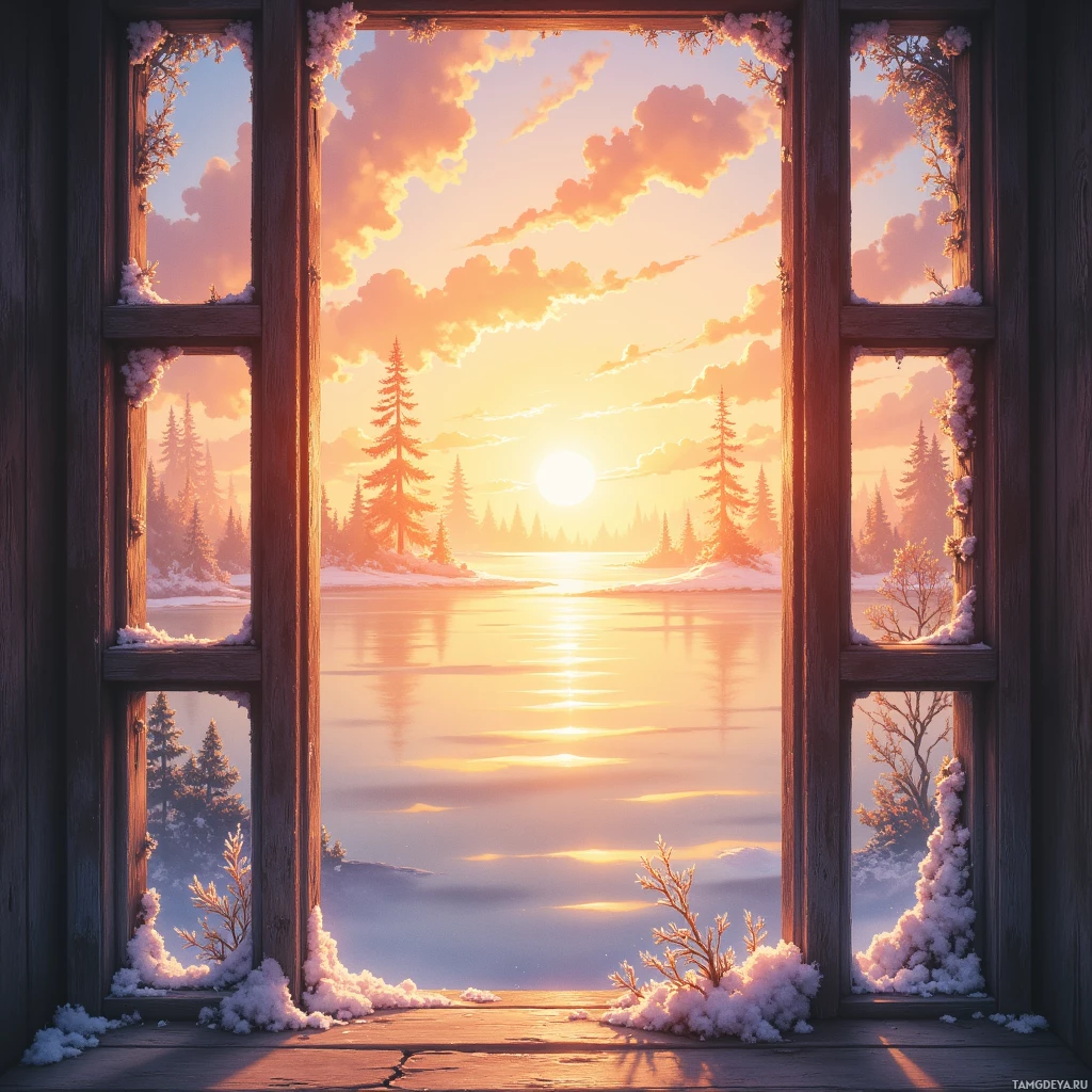 A serene winter landscape viewed through a window with snow-covered branches.