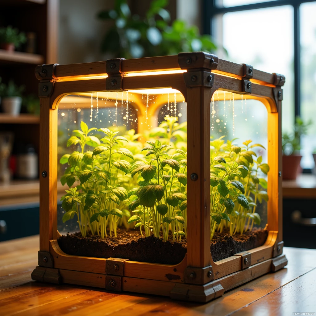 A wooden terrarium with plants inside, illuminated from above, placed on a wooden surface.