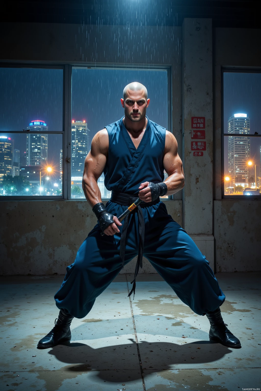 A muscular man in a blue martial arts uniform stands in a fighting stance in a dimly lit urban setting.