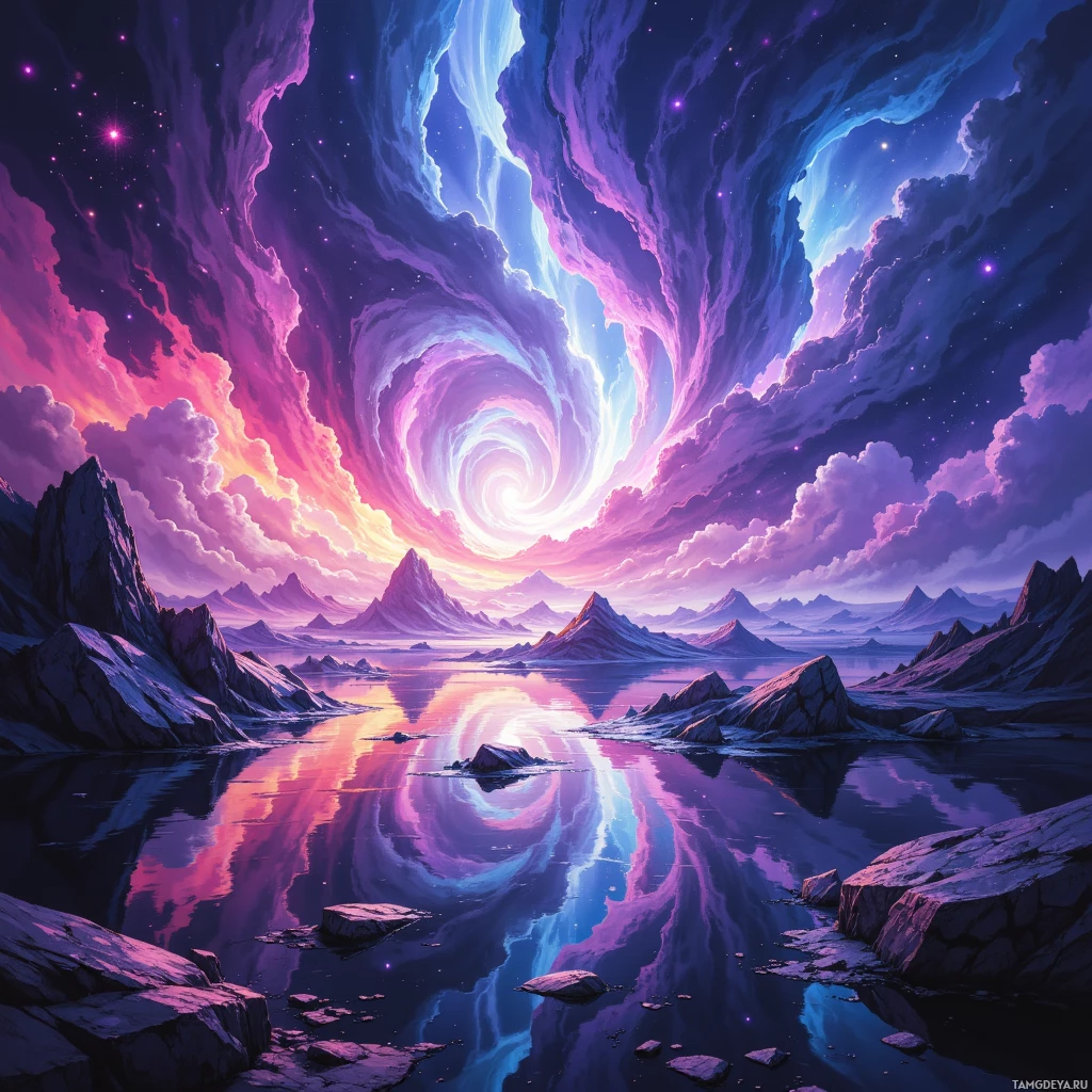 A surreal landscape featuring a swirling sky, reflective water, and jagged mountains.