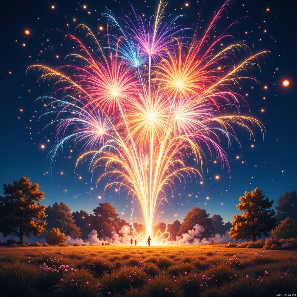A vibrant fireworks display illuminates a night sky over a serene landscape with trees and a field.