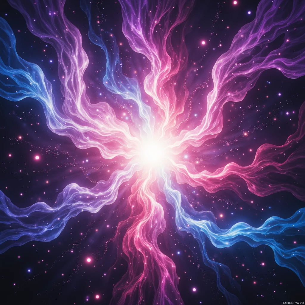 A vibrant cosmic scene featuring swirling nebulae and twinkling stars against a dark background.