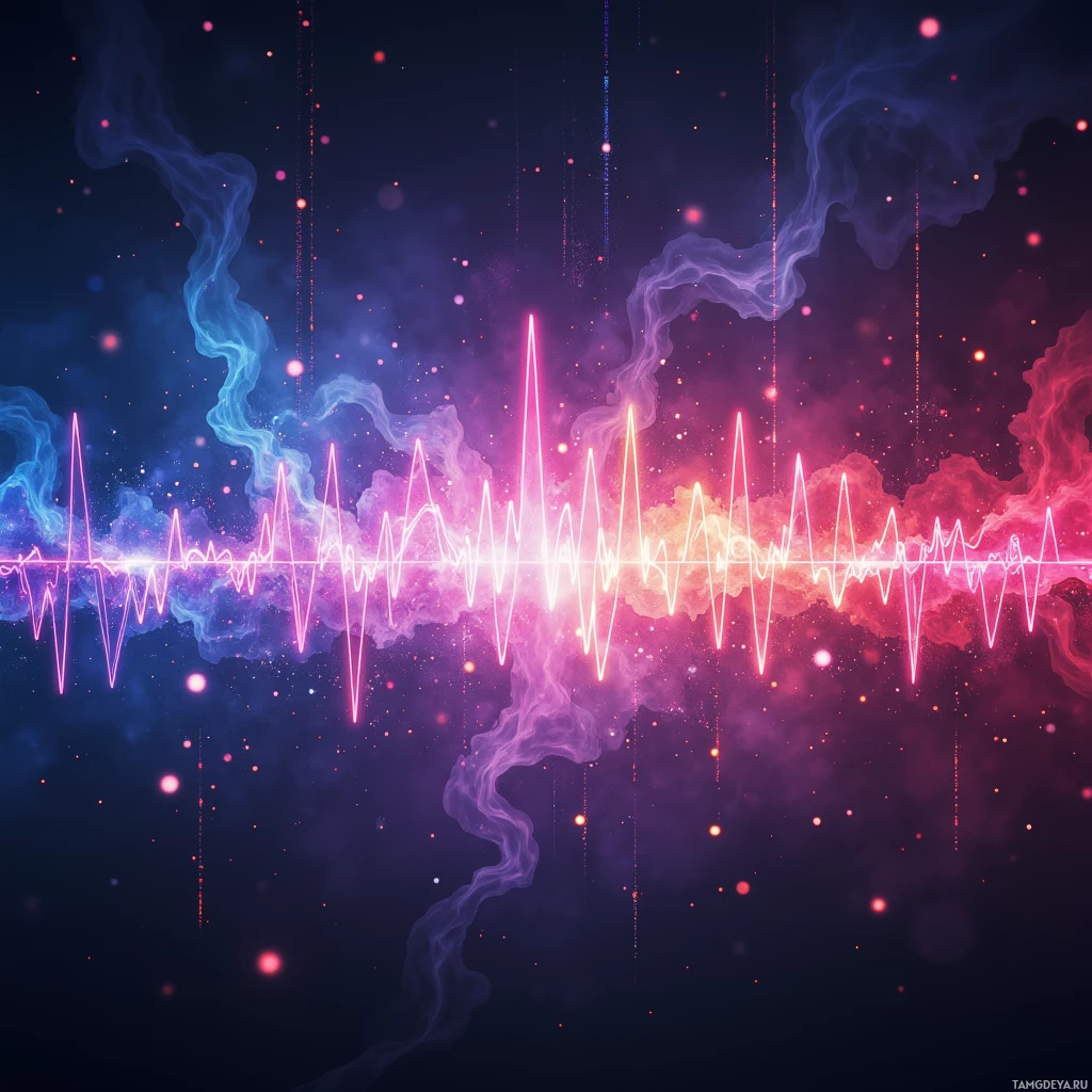 A vibrant, abstract image featuring swirling smoke, neon lines, and glowing particles against a dark background.