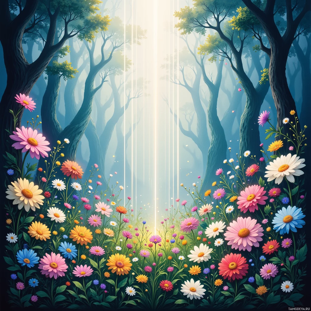 A vibrant forest scene with tall trees and a colorful field of wildflowers.