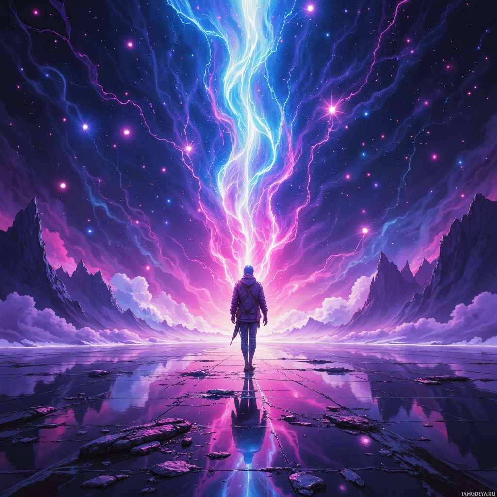 A lone figure stands on a cracked, reflective surface beneath a vibrant, cosmic sky filled with streaks of light and stars.
