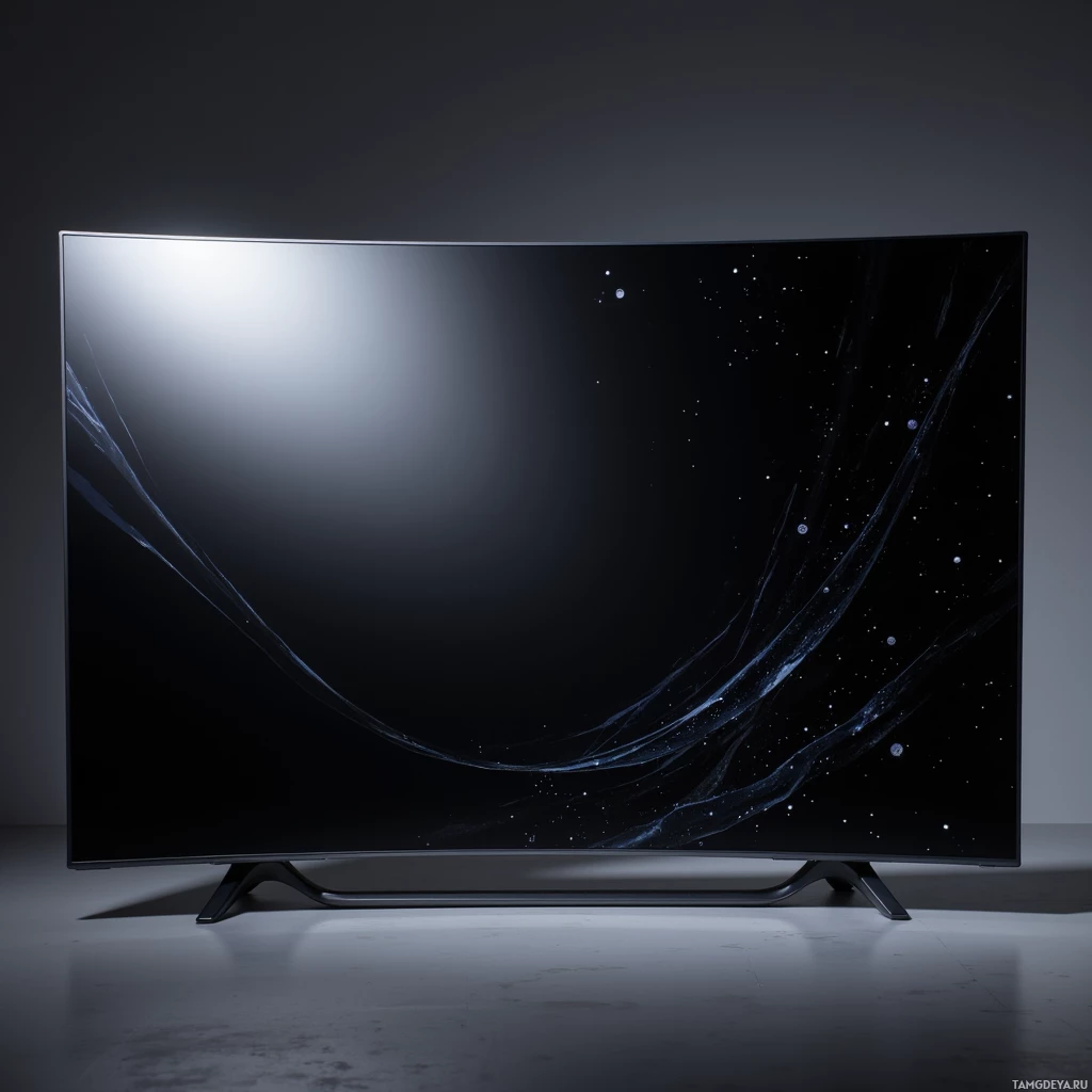 A modern curved television screen displaying a dark background with abstract light streaks.