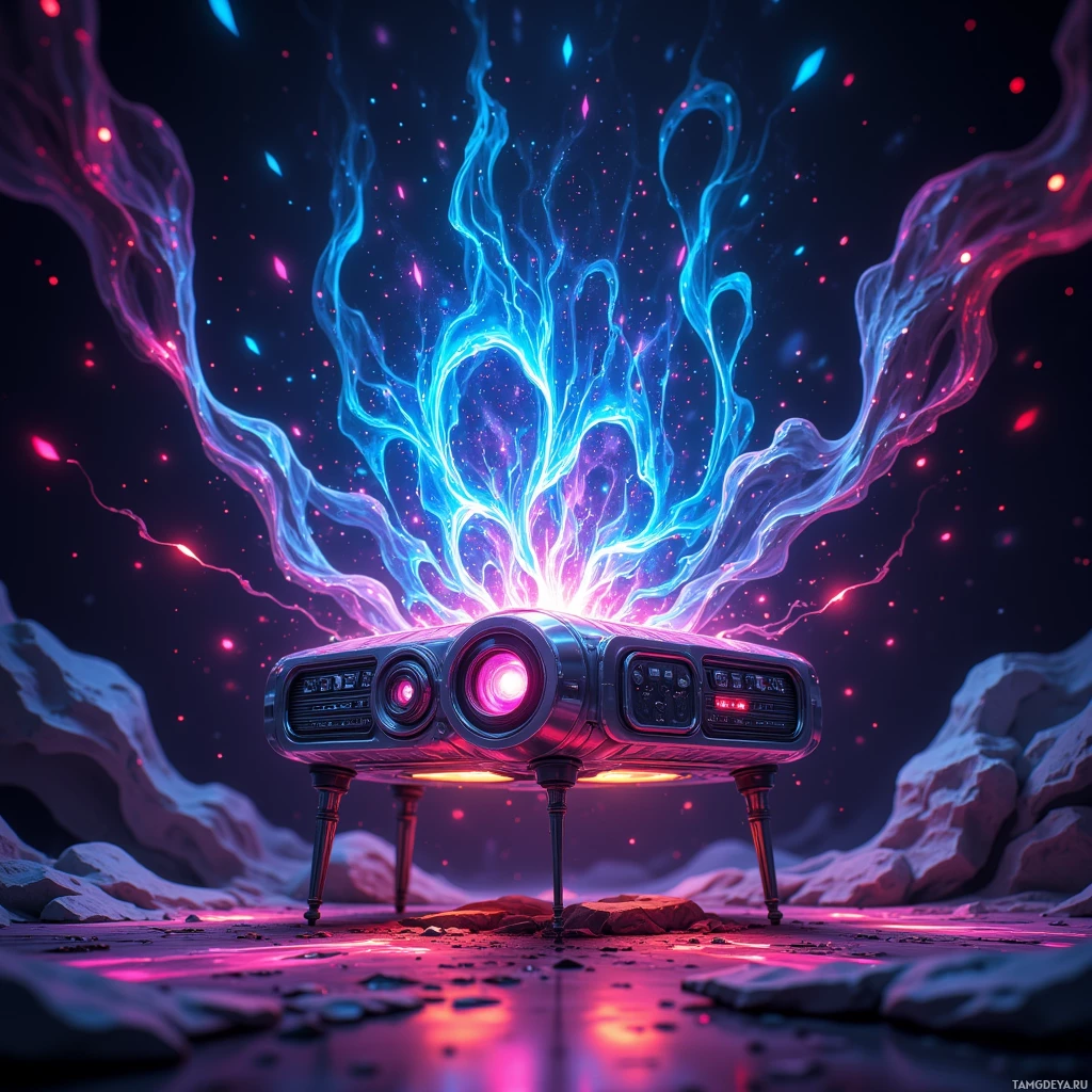 A futuristic vehicle with glowing blue and pink energy emanating from its top stands on a rocky surface under a starry sky.