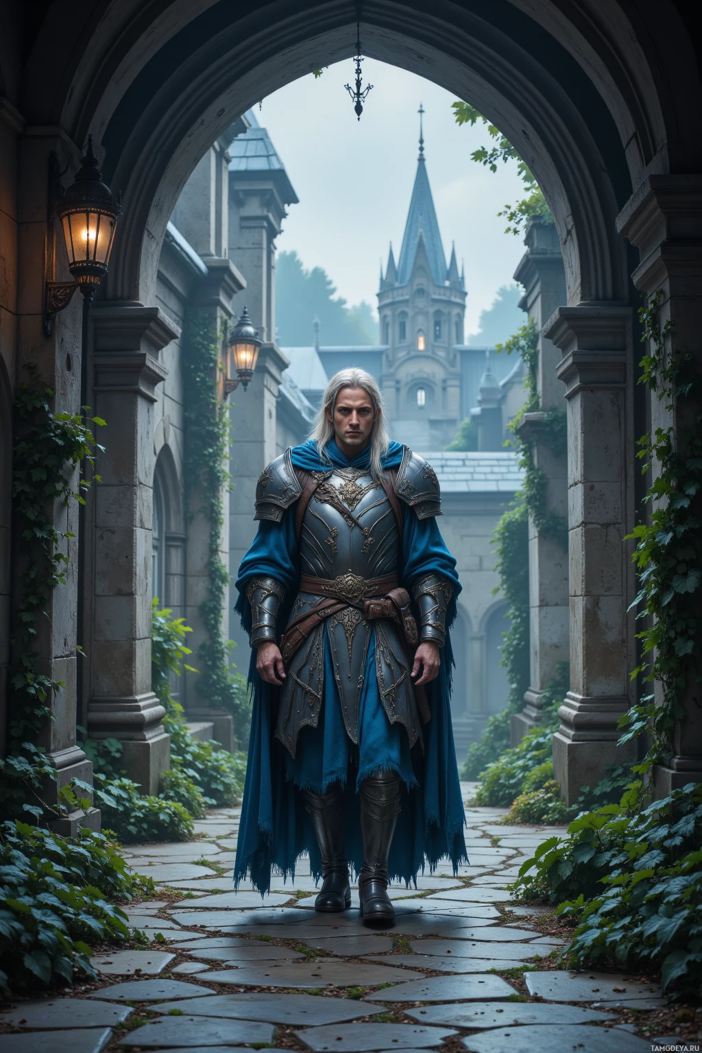 A knight in ornate armor stands under an archway, with a castle in the background.