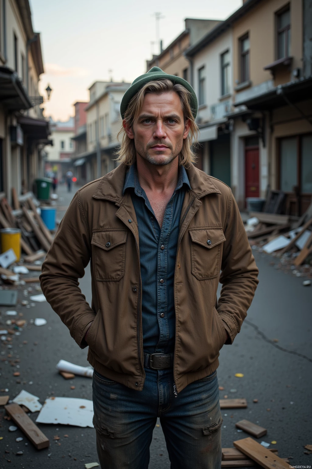 A man stands in an alleyway, wearing a brown jacket and jeans, with debris scattered on the ground.
