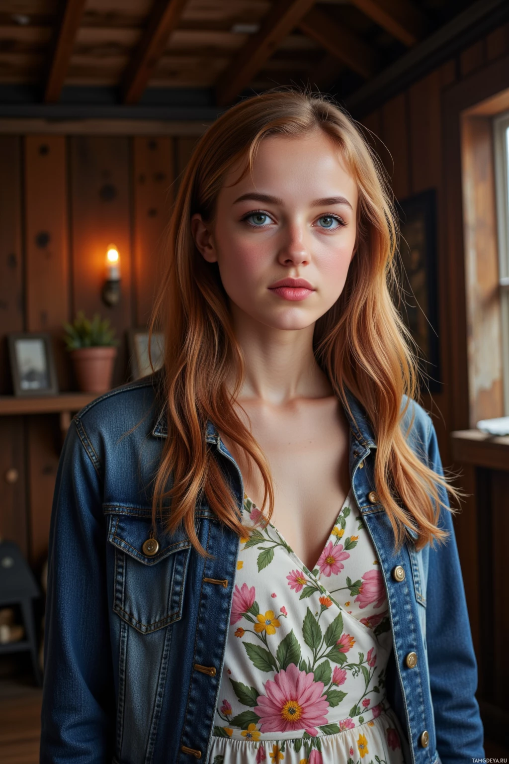 A young woman with long, wavy hair wearing a denim jacket over a floral dress stands indoors.