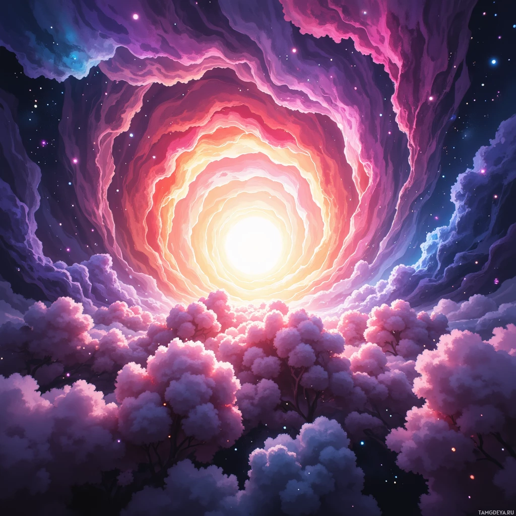 A vibrant, cosmic scene featuring a swirling vortex of pink and purple hues, surrounded by starry space and fluffy clouds.