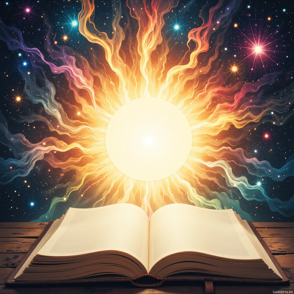 An open book emits radiant light and colorful cosmic energy against a starry background.