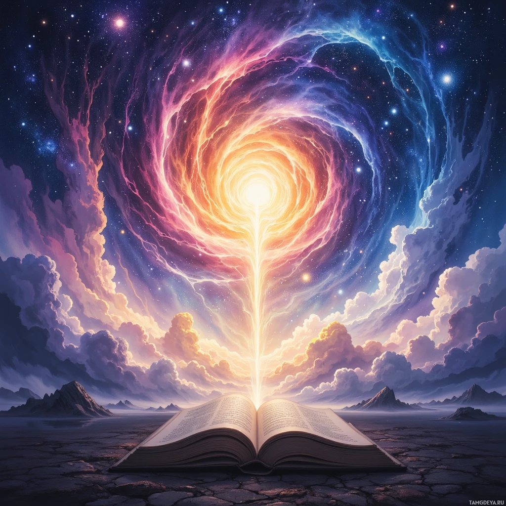 An open book emits a radiant, cosmic light, surrounded by a swirling galaxy and dramatic clouds.