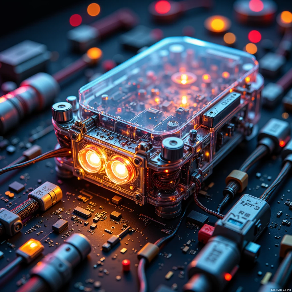 A close-up of a futuristic electronic device with glowing lights and intricate components.