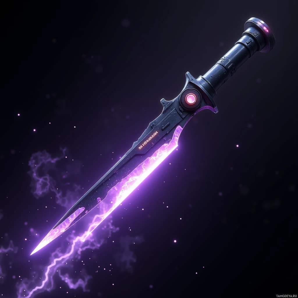 A glowing, futuristic sword with a purple and white energy blade against a dark background.