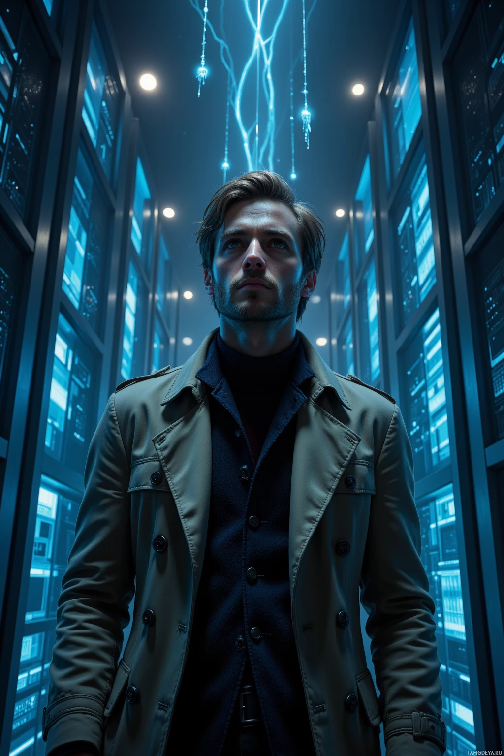 A man in a trench coat stands in a dimly lit, futuristic corridor with glowing lines overhead.