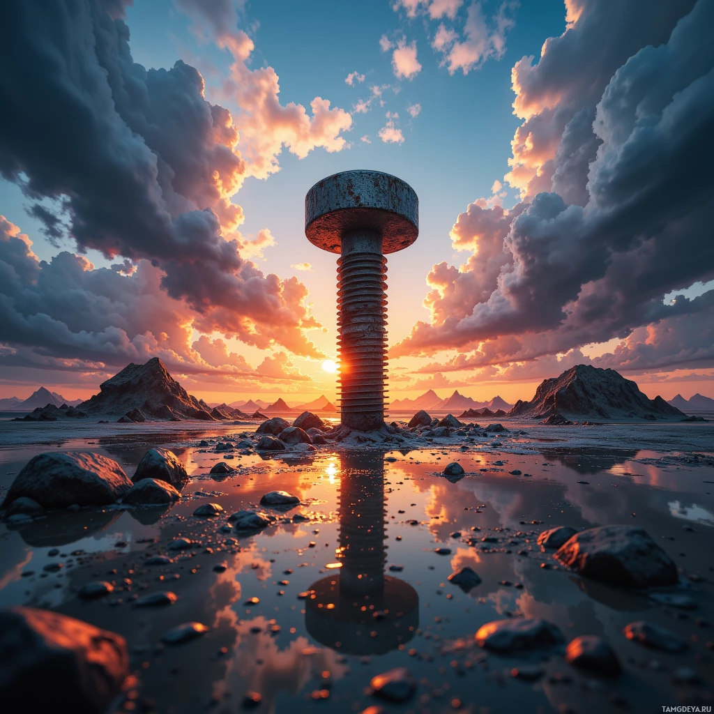 A surreal landscape featuring a large, rusted metallic structure resembling a screw or bolt, set against a dramatic sky with clouds and a distant mountain range.