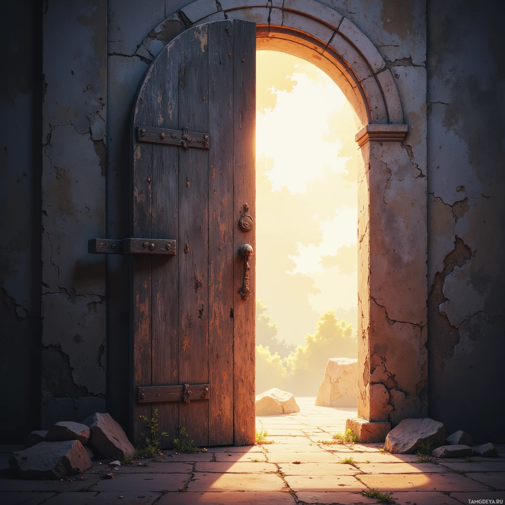 An old wooden door stands ajar, revealing a bright, sunlit path beyond.
