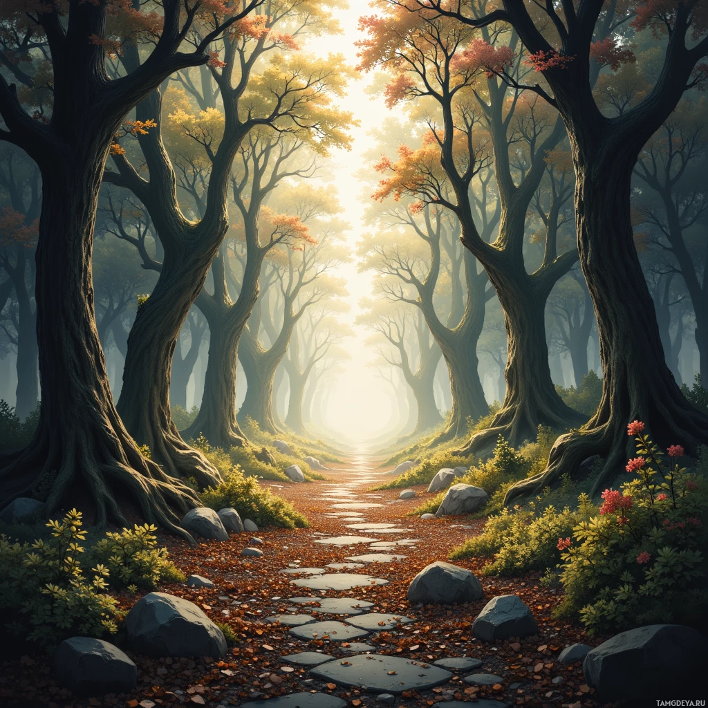 A serene forest path lined with tall trees and vibrant foliage leads towards a bright light at the end.