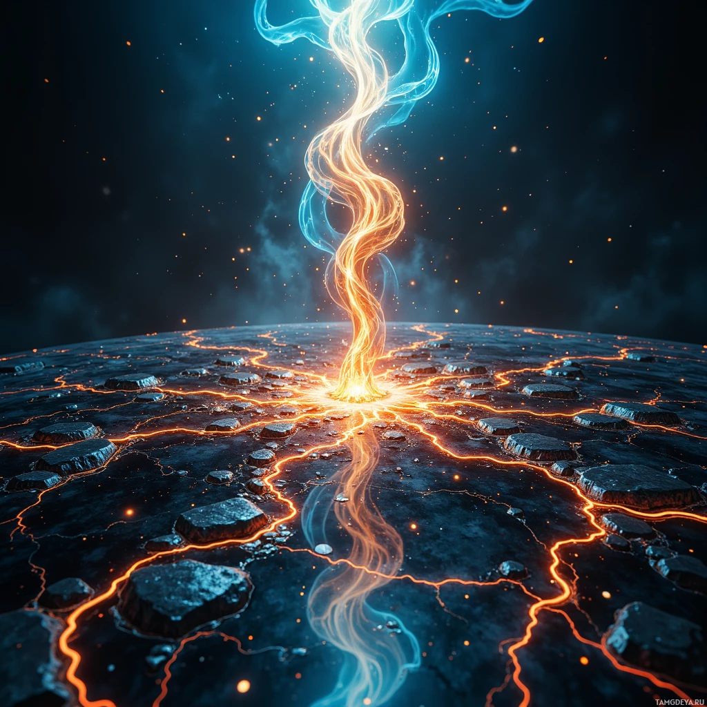 A glowing, fiery stream rises from a dark, rocky surface, surrounded by small sparks and a dark, starry sky.