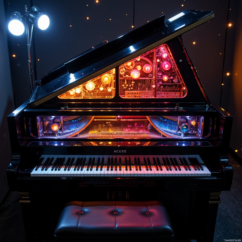 A grand piano with its lid open, illuminated by colorful lights, sits in a dimly lit room.