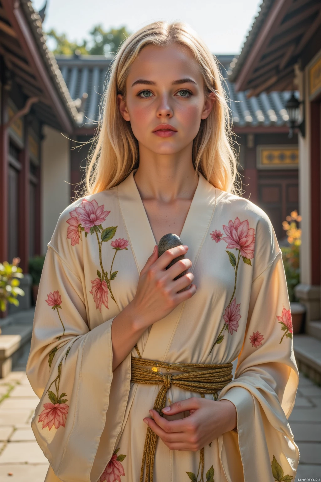 A person in a floral kimono stands in a traditional setting.