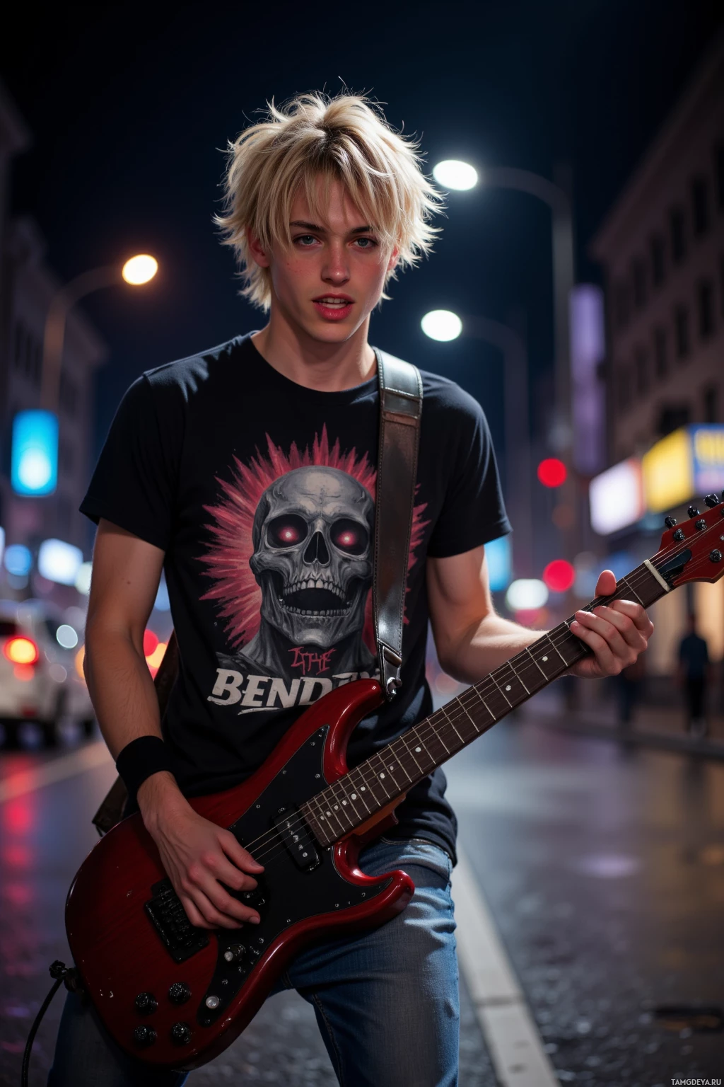 A young person with blonde hair plays a red electric guitar on a city street at night.