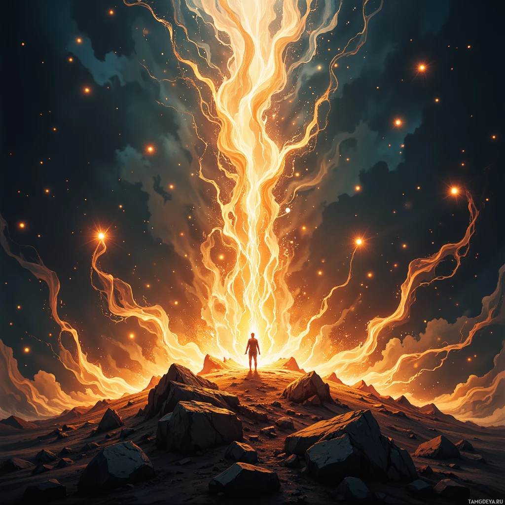 A lone figure stands at the base of a glowing, fiery waterfall in a rocky, otherworldly landscape under a starry sky.