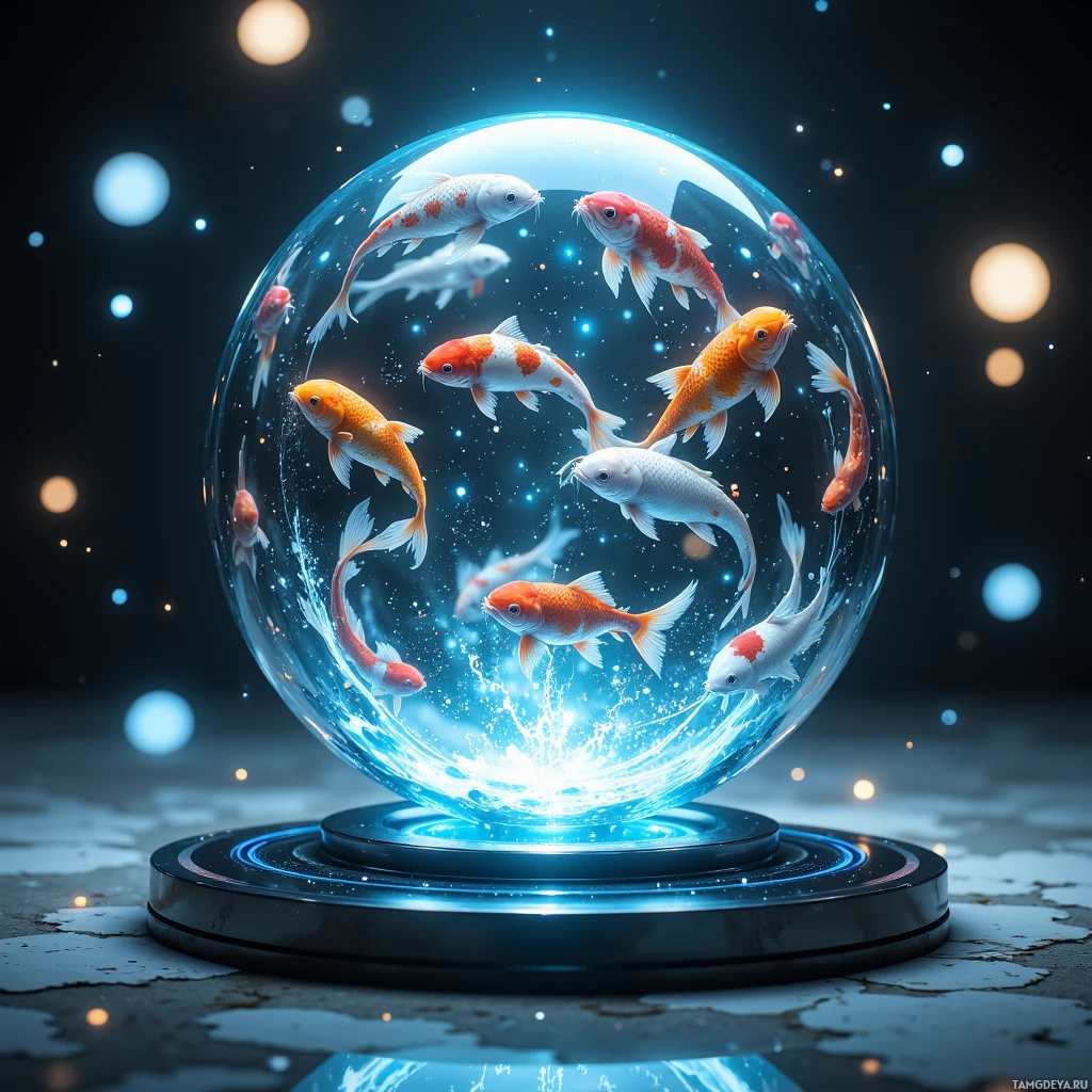 A glass sphere containing colorful koi fish against a starry background.