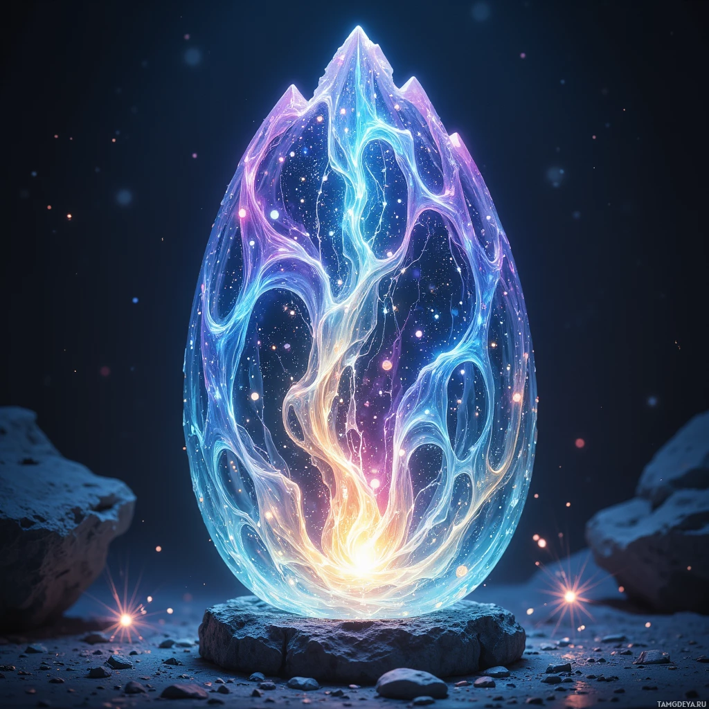 A glowing, ethereal egg-shaped object with intricate patterns and a cosmic background rests on a rocky surface.