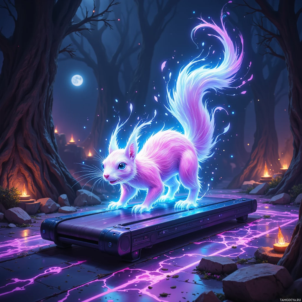 A glowing, fantastical squirrel stands on a glowing platform in a mystical forest at night.