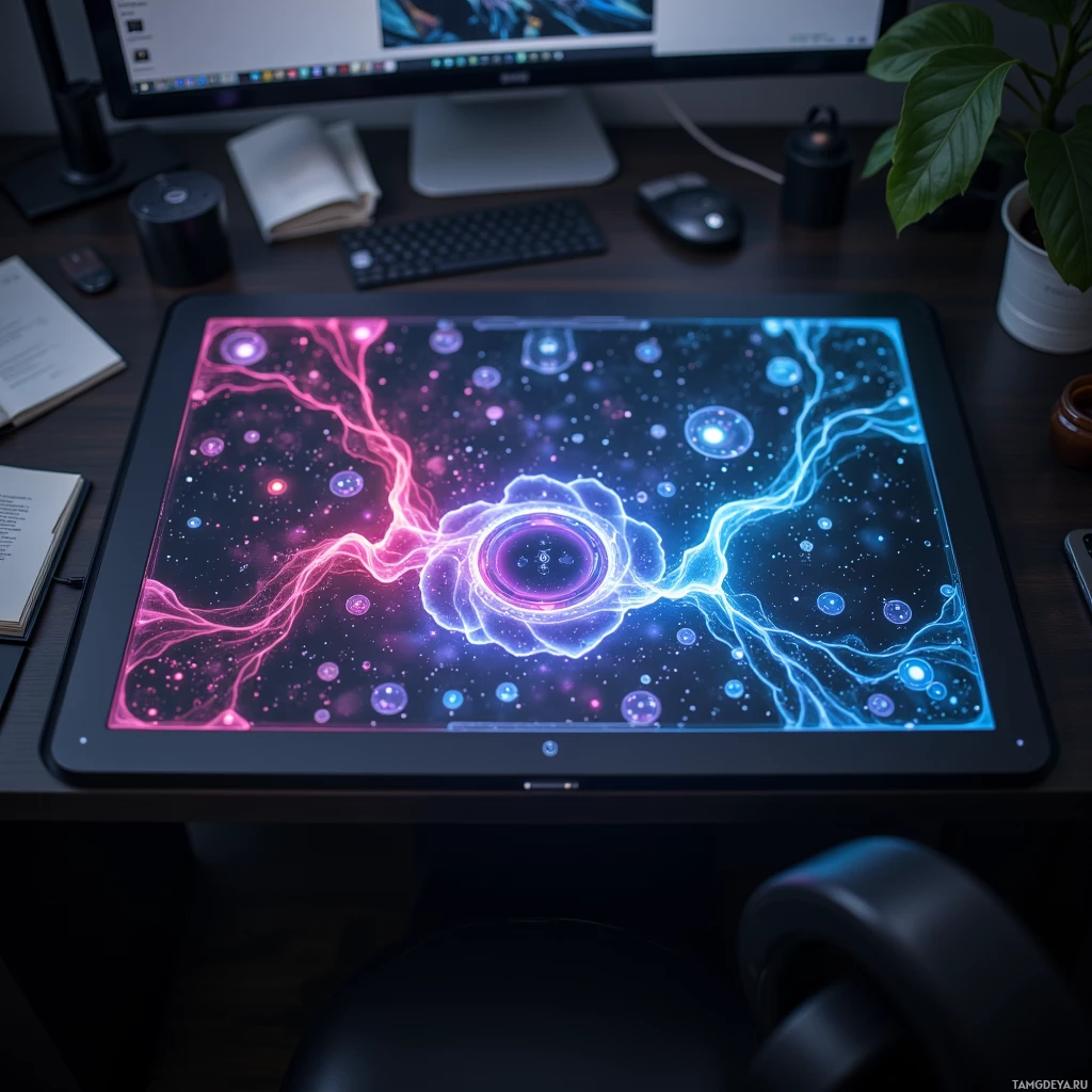 A desk setup featuring a tablet displaying a vibrant, abstract digital artwork with glowing lines and dots, alongside a computer monitor, keyboard, mouse, and a potted plant.