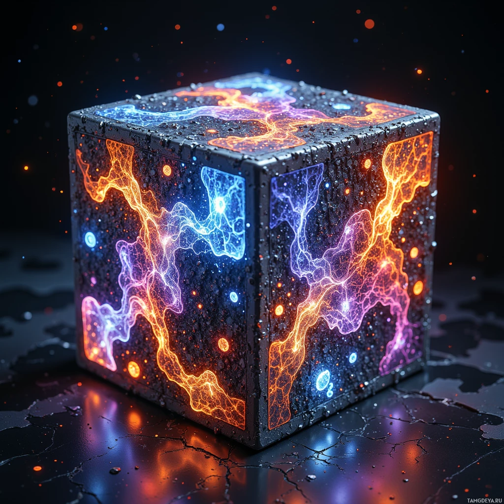 A glowing, electrically charged cube with vibrant blue and orange patterns sits on a dark, cracked surface.