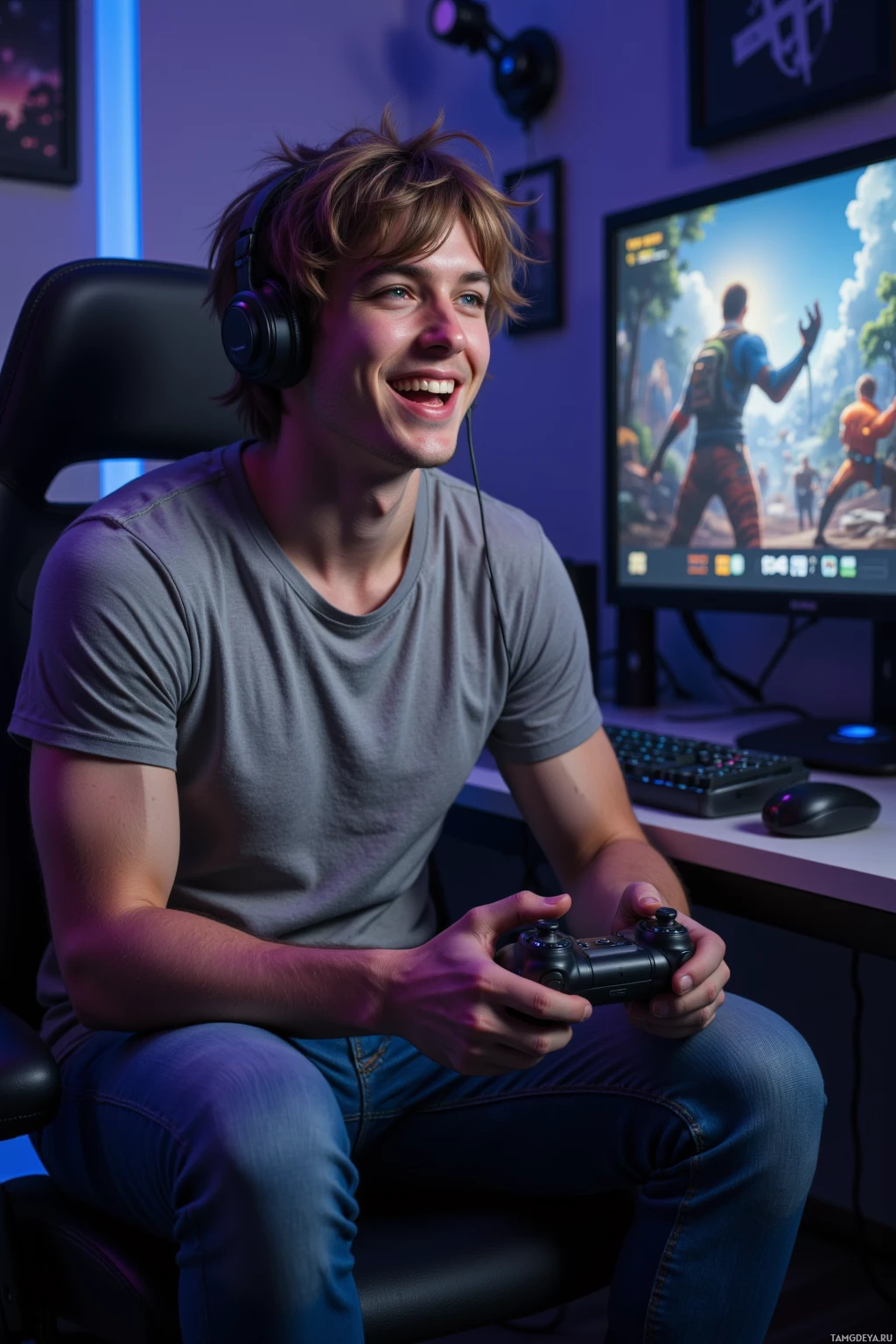 A person is sitting in a gaming chair, holding a controller, and smiling while playing a video game on a computer monitor.