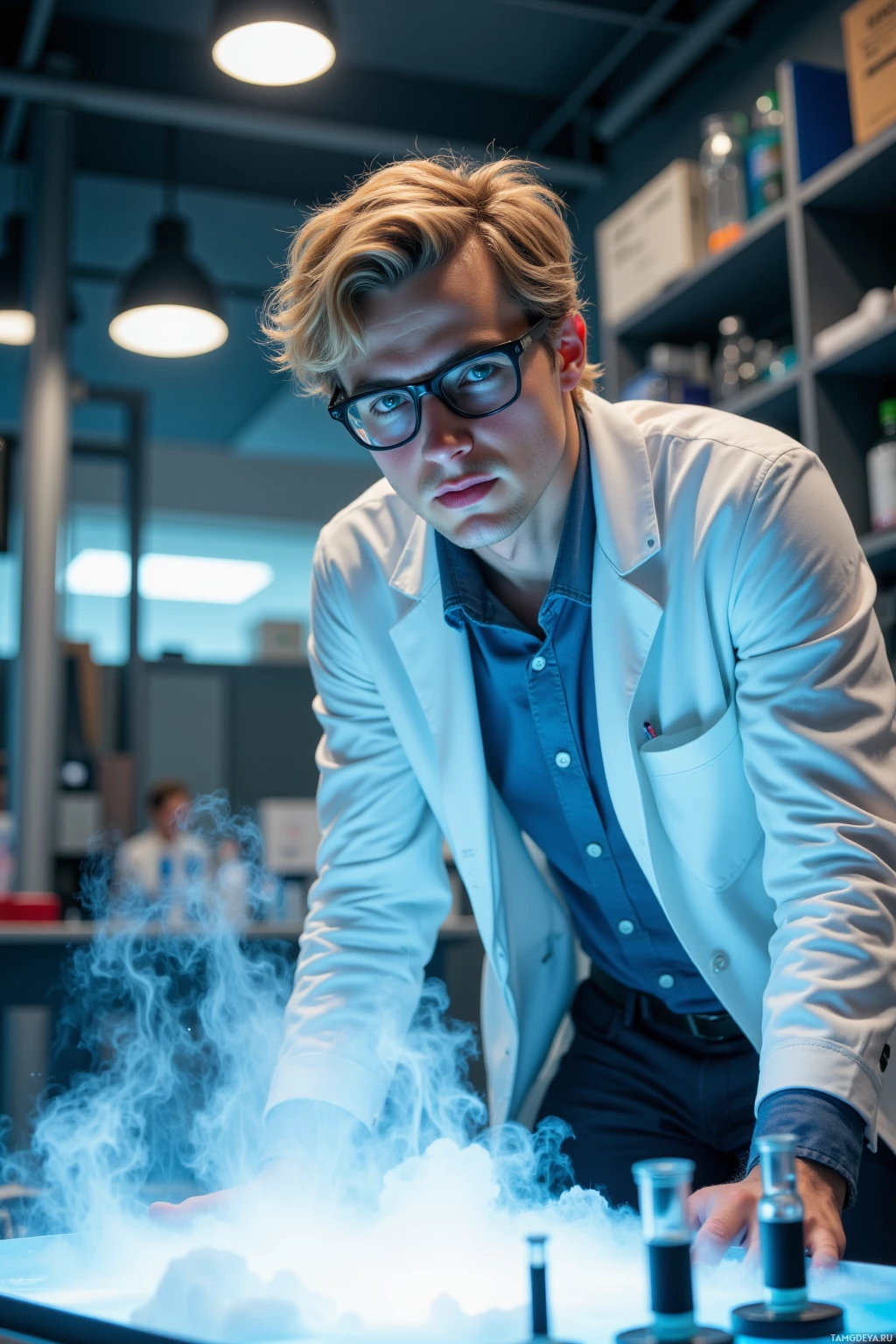 A scientist in a lab coat leans over a table with a cloud of vapor, surrounded by laboratory equipment.