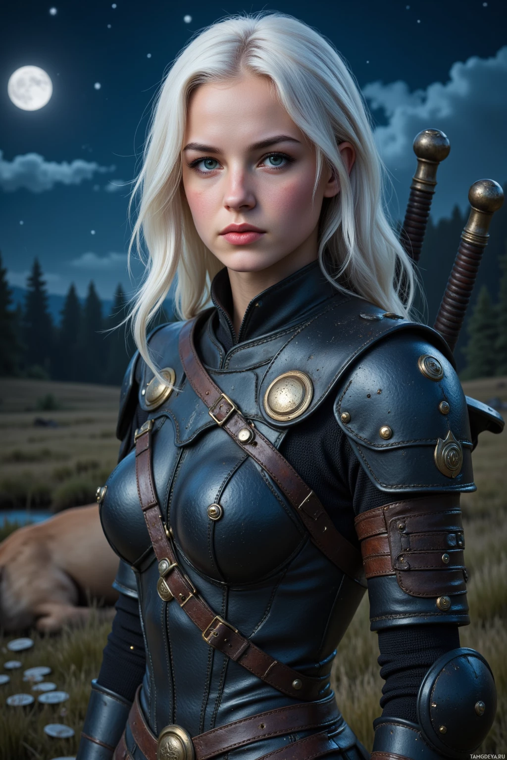 A woman in medieval-style armor stands against a night sky with a full moon.