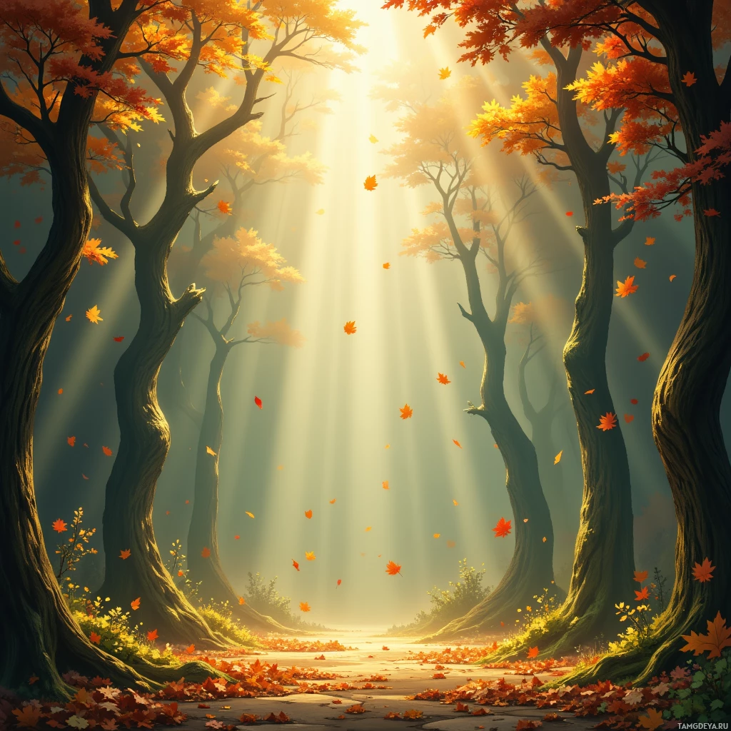 A serene autumn forest scene with sunlight streaming through the trees and falling leaves.