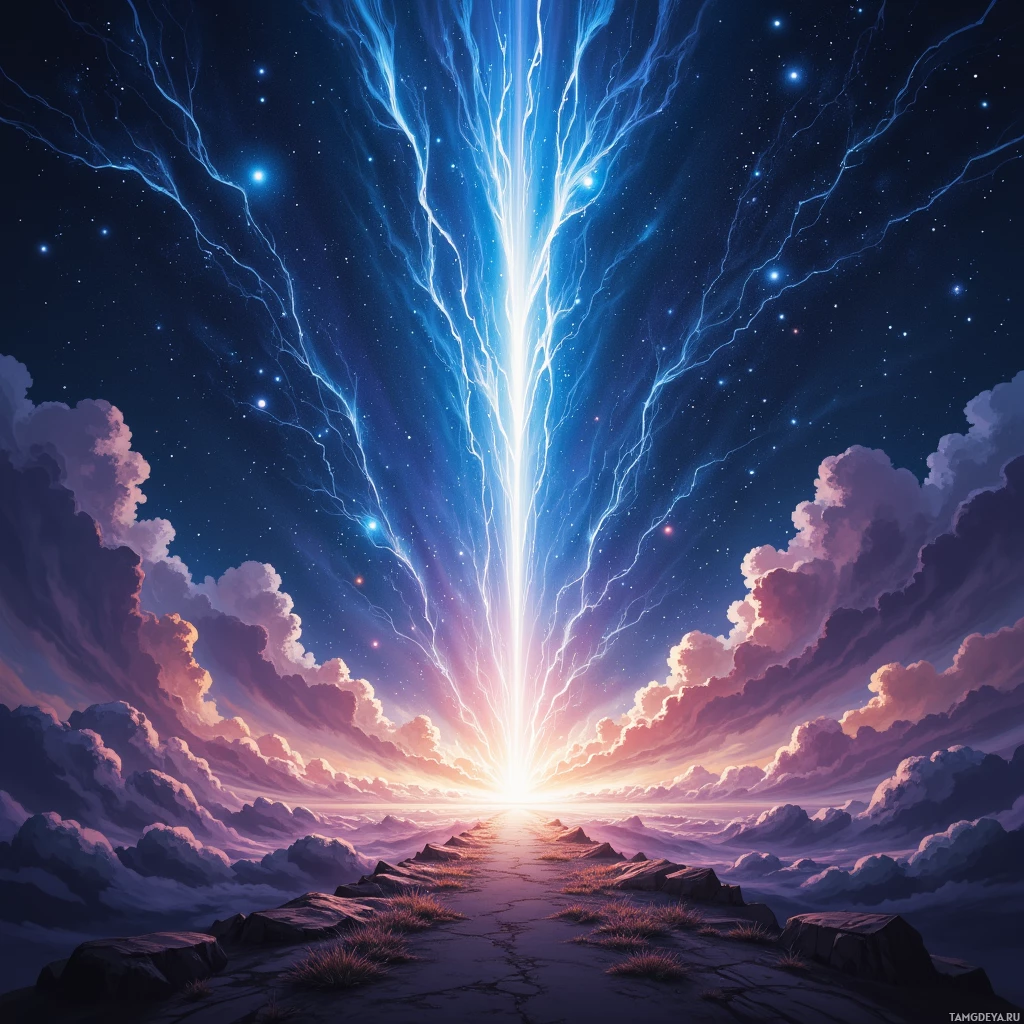 A vibrant sky with streaks of light and clouds, creating a dramatic and ethereal scene.