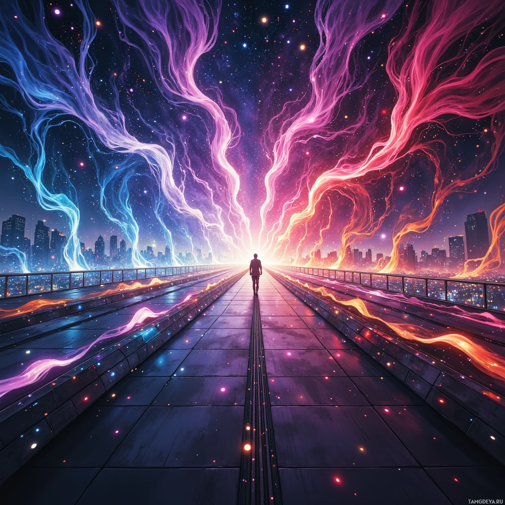 A person walks down a glowing pathway towards a cityscape under a starry sky with colorful, flowing energy streams.
