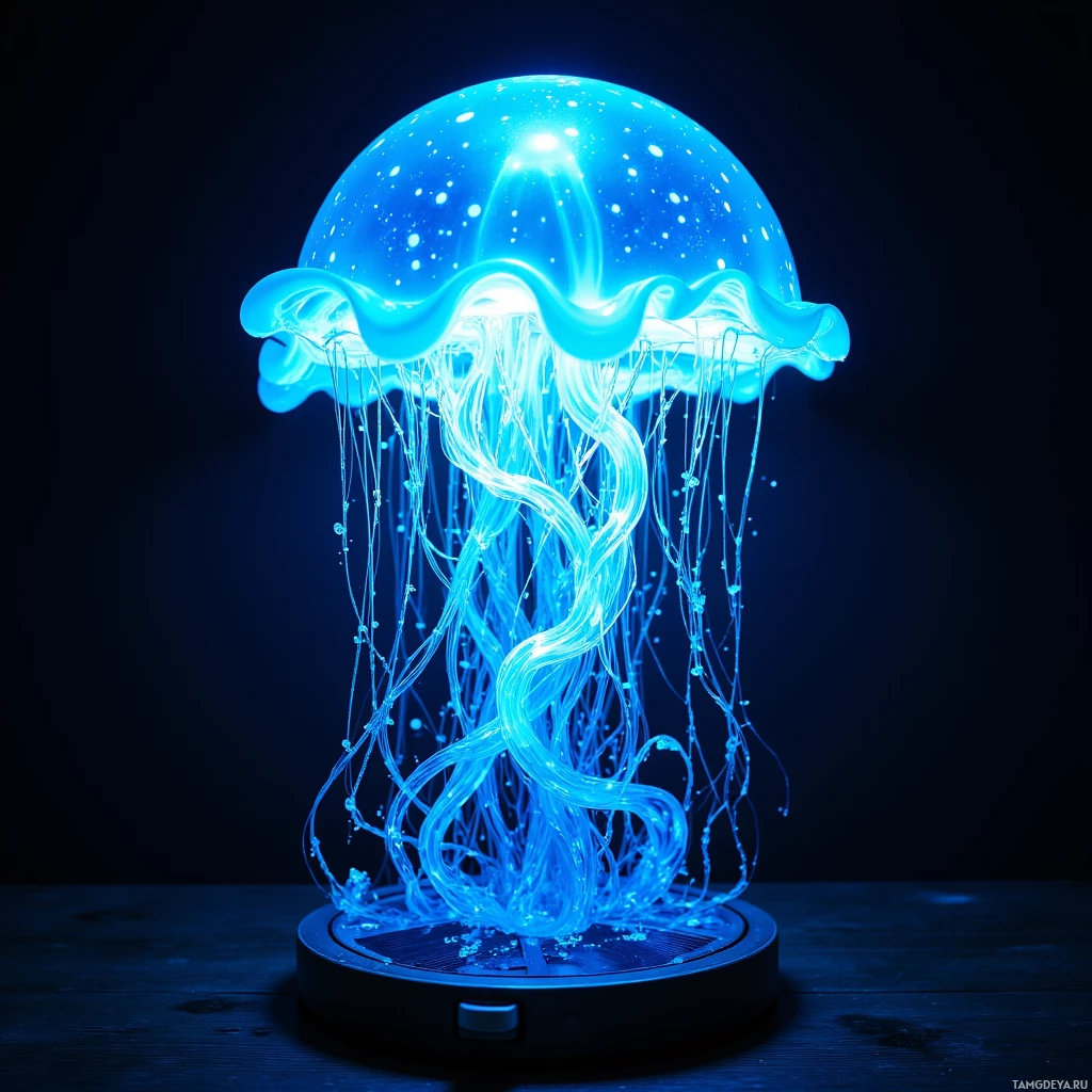 A glowing blue jellyfish-shaped lamp with flowing tentacles sits on a dark surface.