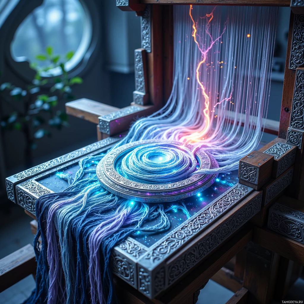 A mystical, ornate table with glowing, flowing energy emanating from its center.