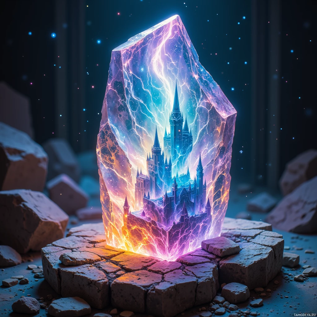 A glowing crystal with a castle inside, surrounded by rocks and stars.