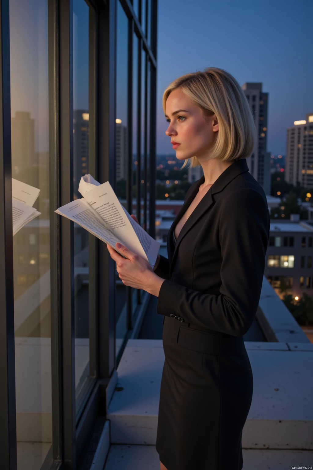 A woman in a black suit stands by a window, reading a book, with a cityscape visible in the background.