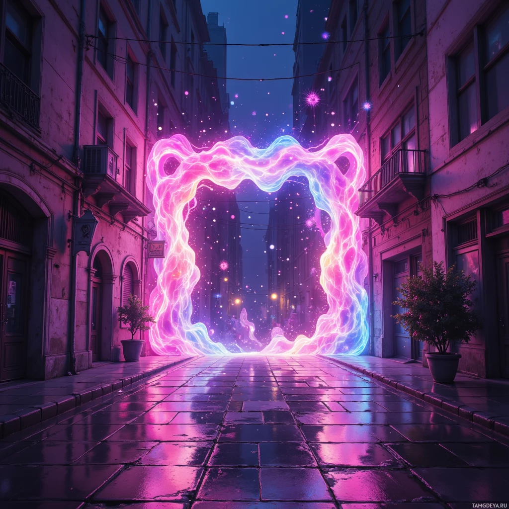 A vibrant, neon-lit portal frames a city street at night.