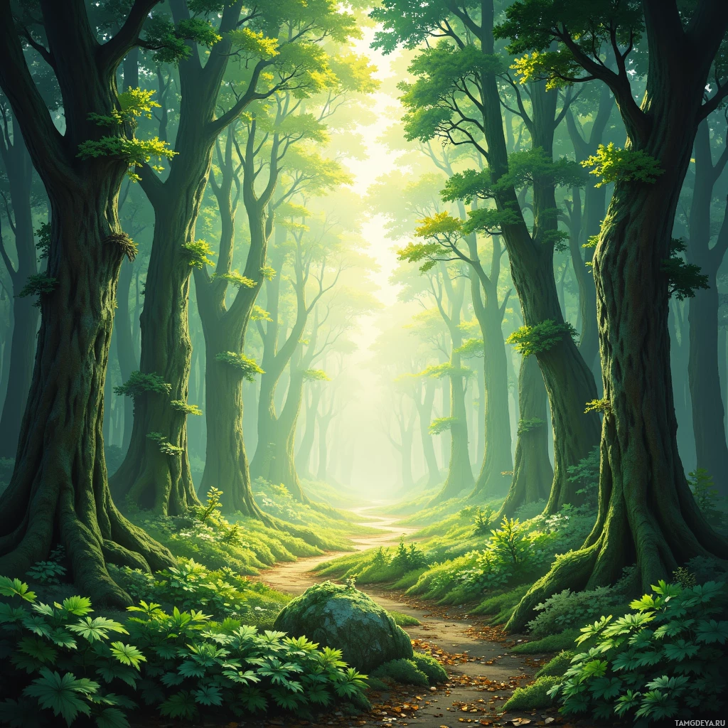 A serene forest scene with tall trees, sunlight filtering through the leaves, and a winding path leading into the distance.